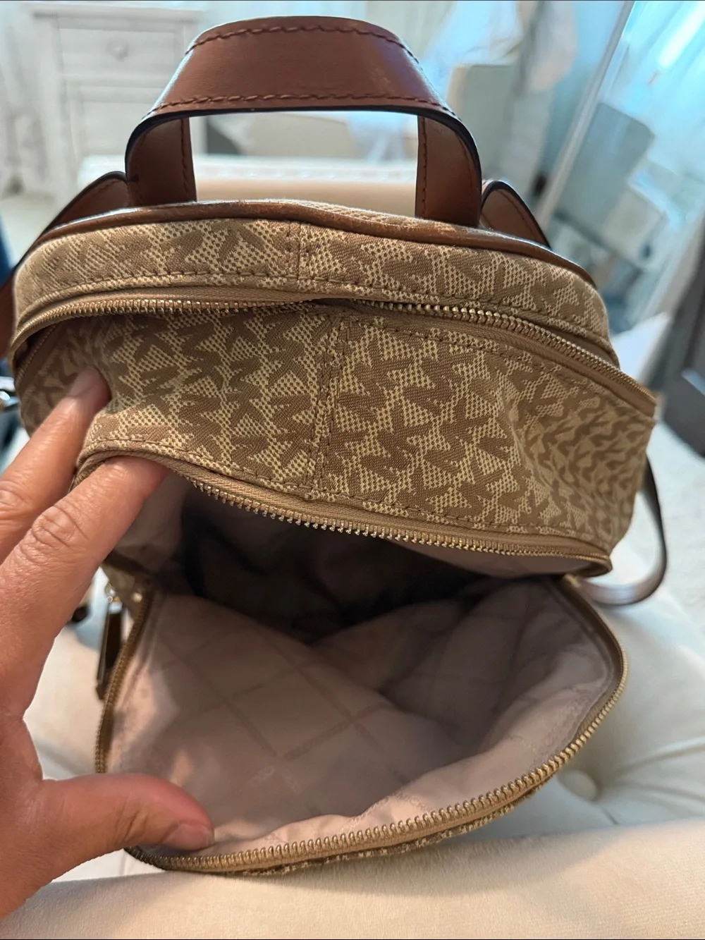 Michael Kors Tan and Beige MK Logo Backpack
